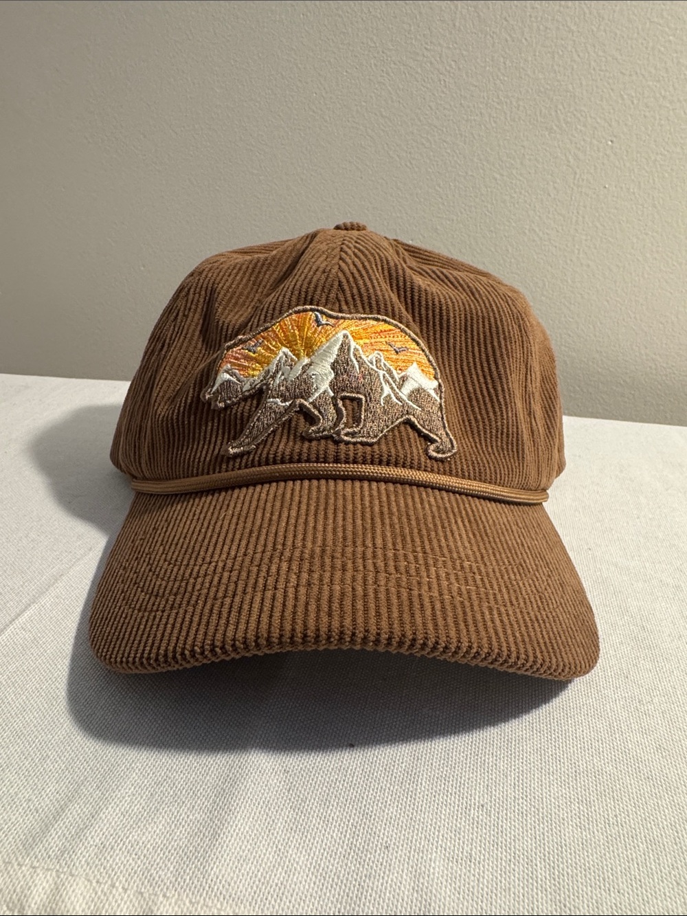 Corduroy Brown Baseball Cap with Mountain Bear Patch